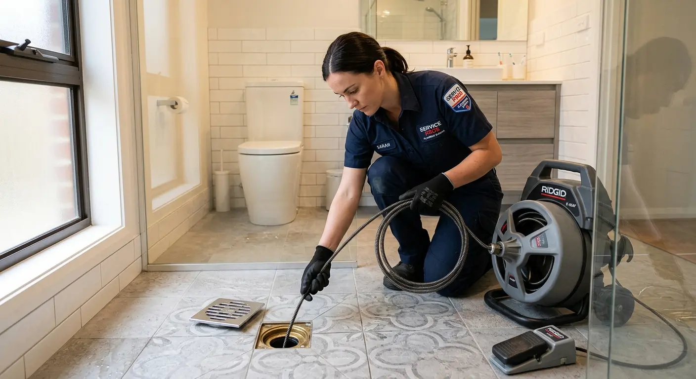 Technician clearing a bathroom floor drain for Sewer Line Installation in Easton